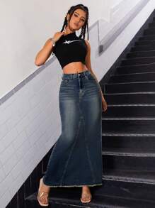 SHEIN ICON Casual Washed Frayed Hem Long Denim Skirt - Dark Wash - View 3