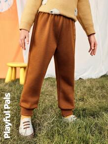 SHEIN 1 件装年轻女孩运动裤秋冬新款可爱猫咪刺绣宽松休闲裤 - 咖啡棕 - 查看 9