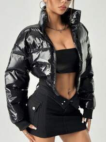 SHEIN ICON Women Plain Front Zipper Simple Casual Long Sleeve Smooth Zipper Padded Coat - Black - View 8