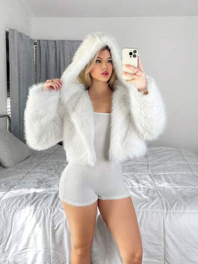 Sweetina 1 件女士纯色连帽长袖蓬松夹克冬季