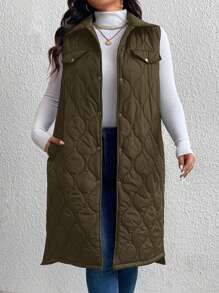 SHEIN LUNE Plus Size Women Single Breasted Long Padded Padded Vest Jacket, Solid Color, For Winter New Years Women Outfit Winter Dresses Winter Clothes Women Rave Outfits Thanksgiving Outfit Women