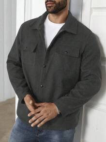 Manfinity Homme Plus Size Men's Solid Color Long Sleeve Single-Breasted Utility Pocket Jacket, Autumn/Winter - Dark Grey - View 3