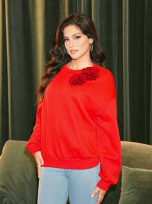 Zolique Elegant Solid Color Floral 3D Decor Sweatshirt, Autumn Christmas Sweatshirt Winter Outfits Thermal Winter Women Clothes Pullover Fall Outfit