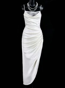 SHEIN ICON ICON Solid-Color Elegant Satin Ruched Contrast Lace Backless Slip Formal Prom Women Dresses - White - View 1