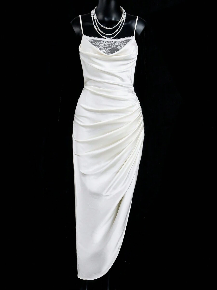 SHEIN ICON ICON Solid-Color Elegant Satin Ruched Contrast Lace Backless Slip Formal Prom Women Dresses - White - View 1