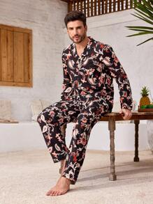 Manfinity ChillVibe Bộ đồ nam 2 món/bộ cài nút phía trước dài tay in họa tiết tối giản thường ngày mặc ở nhà và quần - màu đen - Xem 3