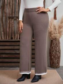 SHEIN LUNE Quần ống rộng lưng thun dệt kim màu khối cỡ lớn cho nữ, quần ống đứng thiết kế đơn giản cho mùa thu/đông - Nhiều màu - Xem 4