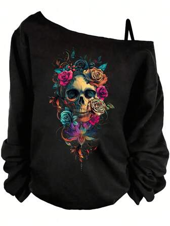 SHEIN LUNE Plus Size Women Casual Skull & Floral Asymmetrical Shoulder Long Sleeve T-Shirt, Suitable For Autumn/Winter