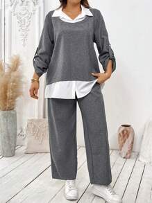 EMERY ROSE 秋季大码女式拼色长袖衬衫和裤子两件套 - 深灰色 - 查看 3