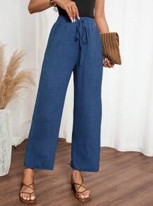 SHEIN LUNE Women's Casual Solid Color Denim Effect Linen Contrast Lace Trim Straight Pants Fall Cloth For Women