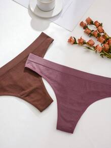 5pcs/Set Plus Size Seamless Comfortable Ribbed Thong Panties, Casual Collection - Multicolor - View 4