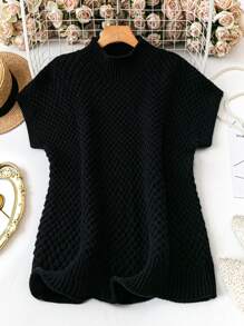SHEIN LUNE Top de Malha Preta Básica com Gola Redonda e Manga Curta para Outono/Inverno, Tamanhos Grandes - Preto - Visão 1