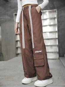 Tween Ribbon Print Pocket Fashion Casual Pants - Mocha Brown - View 7