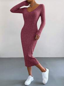 SHEIN Essnce Váy dệt kim gân dài tay cổ chữ V màu trơn cho nữ, mùa thu - Màu Đỏ Sâu - Xem 6