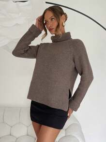 Chiquease Women's Solid Color Long Sleeve High Neck Basic Split Hem Sweater, Casual Daily Wear, Knit Pullover Fall Winter - Brown - View 4