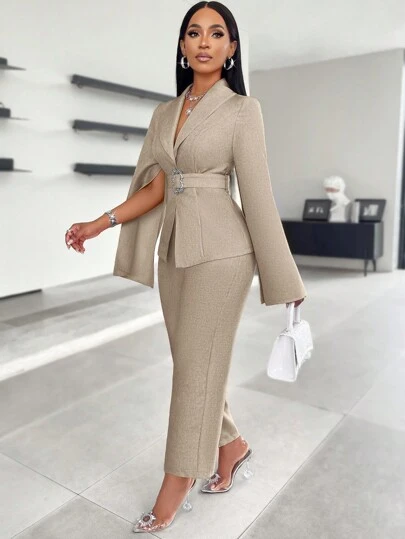 SOLERSUN 亮面缎面西装外套 女士西装套装 商务通勤西装 春秋季节西装 秋冬披肩袖 优雅 户外服饰