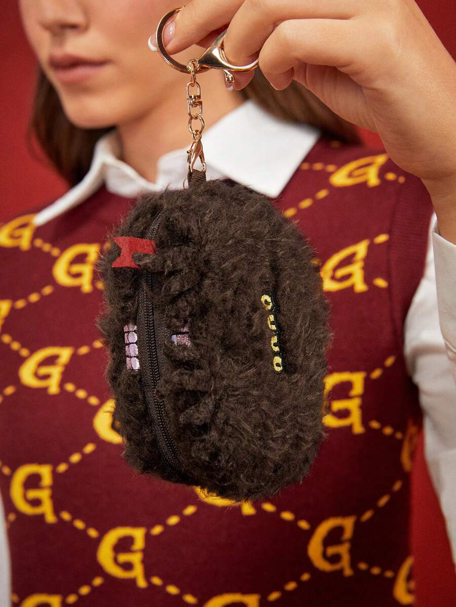 HARRY POTTER X SHEIN 怪物书里的怪物 刺绣卡通图案毛绒零钱包钥匙扣、礼物 - 棕色 - 查看 1