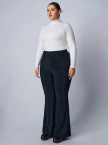 SHEIN EZwear Plus Size Glossy Elastic Knit Flare Pants, Suitable For Party - Silver - View 6