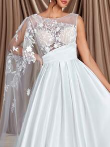 Glamrae 优雅奢华奶油色缎面蕾丝拼布单肩大灯笼袖大裙，适合婚礼、活动、派对和度假 - 米色 - 查看 5