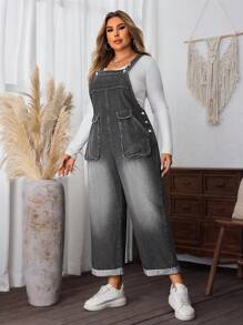 SHEIN LUNE 大码休闲宽松带口袋牛仔背带裤 - 淺灰色 - 查看 4