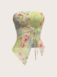 SHEIN ICON 女士度假不对称下摆休闲花卉印花网眼吊带背心 Y2K 图案外出上衣 - 彩色 - 查看 1