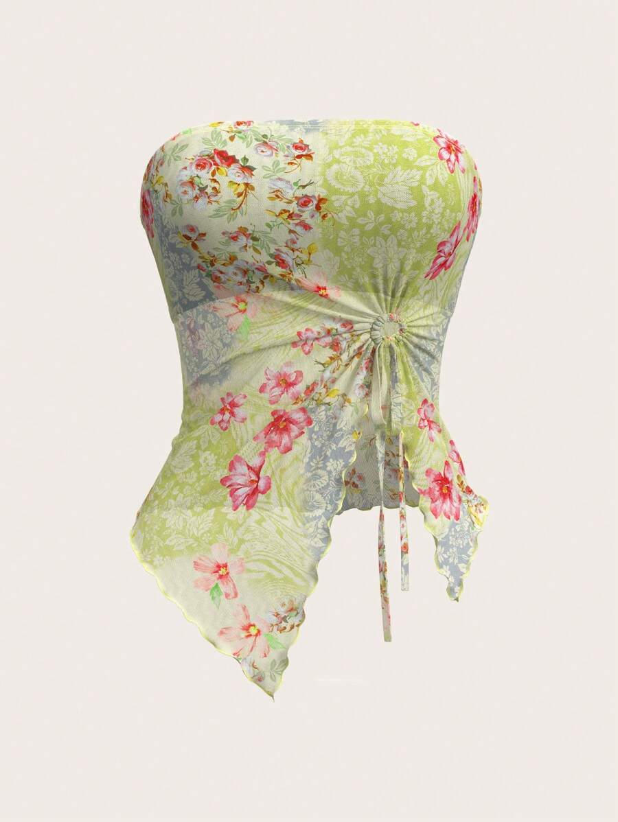 SHEIN ICON 女士度假不对称下摆休闲花卉印花网眼吊带背心 Y2K 图案外出上衣 - 彩色 - 查看 1