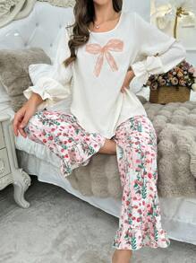 Set de ropa de dormir de 2 piezas con top y pantalones, con estampado floral y lazo de encaje de manga larga holgada