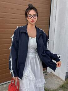 DAZY Contrast Ribbon Bow Printed Loose Women Jacket,Fall Women Clothes - Navy Blue - View 4