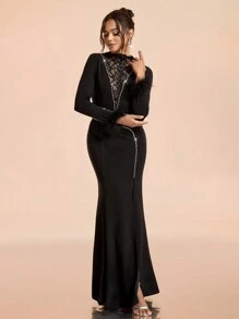 SHEIN Belle Vestido elegante de Navidad de mujer con contraste de encaje tejido, manga larga, adornado con cristales, ajustado con abertura, midi, negro, vestido de fiesta formal para invitados de boda, graduación, cena