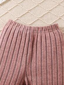 SHEIN Elladie kids 2件組少女圓領抓絨套頭衫（附肘部補丁）與鬆緊腰長褲，黑色校園秋季款 - 藕粉色 - 查看 6