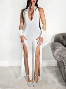 Zolique 1pc Solid Color Halter Slit To Thigh Tight Sexy Jumpsuit With Long Sleeve Fall Cloth For Women - White - View 1