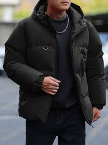 Manfinity Homme Men's Solid Color Front Zip Up Long Sleeve Minimalist Casual Men Hooded Winter Coat, Men Outerwear, For Fall