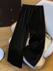 SHEIN LUNE Damen Große Größen Einfarbig Knopfleiste Freizeithose, minimalistischer Stil für den täglichen Gebrauch - Schwarz - Übersicht 2