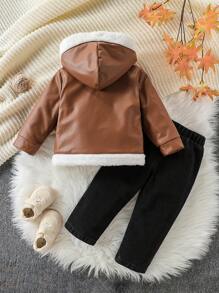 SHEIN 2 件装男婴长袖加厚夹克套装，搭配休闲长款牛仔装