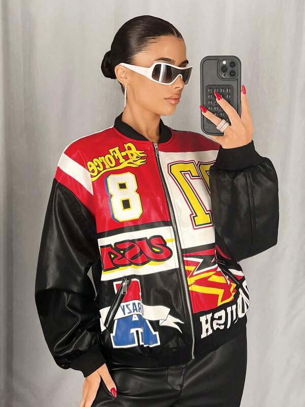 SHEIN ICON College Style Sporty Functional PU Print Dropped Shoulder Loose Fit Regular Jacket