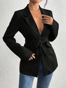 SHEIN PETITE Damen Eleganter Blazer mit einfarbigem Kragen und Langarm