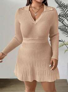 SHEIN Clasi 大码女式束腰修身马球领长袖针织连衣裙，适合冬季 - 駝色 - 查看 4