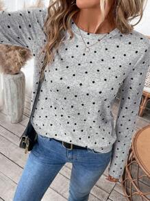 EMERY ROSE Áo thun dài tay chấm bi mềm mại dành cho nữ, phong cách tươi trẻ thanh lịch, mới cho đầu thu 2024 Áo thun giữ nhiệt cỡ lớn Quần áo mùa thu, cho mùa đông - Xám - Xem 1