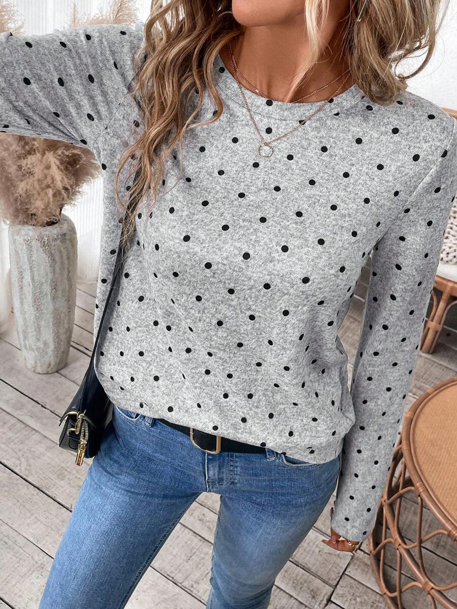 EMERY ROSE Áo thun dài tay chấm bi mềm mại dành cho nữ, phong cách tươi trẻ thanh lịch, mới cho đầu thu 2024 Áo thun giữ nhiệt cỡ lớn Quần áo mùa thu, cho mùa đông - Xám - Xem 1