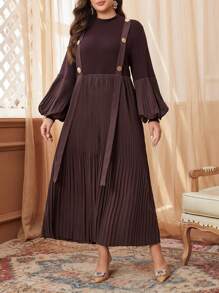 Al Najma 阿拉伯金属纽扣棕色灯笼袖立领褶皱弹力针织中长款适中长袖连衣裙，适合大码女士，通勤