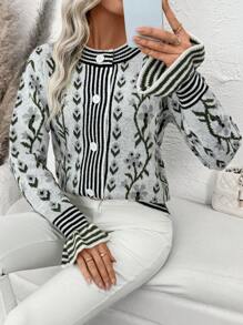 SHEIN LUNE Striped Print Front Button Casual Knit Long Sleeve Cardigan Fall Cloth For Women - Multicolor - View 6