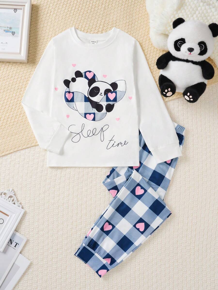 SHEIN Tween Girl Panda Print Crew Neck Long Sleeve Top And Plaid Pattern Pants Casual Comfortable Pajama Set - Blue and White - View 1