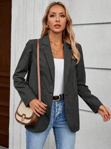 EMERY ROSE Women's Casual Striped Thin Blazer Jacket, Autumn - Dark Grey - View 5