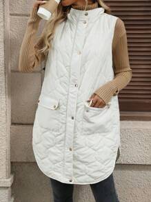 EMERY ROSE Women Winter Solid Color Zipper Collar Cargo Pocket Casual Padded Vest - White - View 6