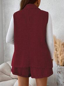 Flirla Plus Size Women Plaid Lapel Single-Breasted Sleeveless Jacket And Shorts Casual Office Wear Suit - Red - View 2