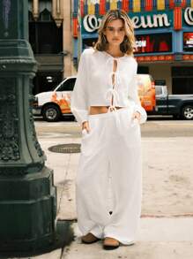 Easelle Women's Solid Color Minimalist Daily Wear Long Sleeve Top & Pants Set With Straps - White - View 1