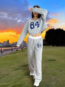 2 件套青少年女孩数字印花不对称领长袖运动衫和裤子，秋季休闲装 - 灰色 - 查看 3