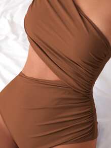 SHEIN Swim 女式纯色连体泳衣，腰部镂空和褶饰细节，紧身款式夏季 - 棕色 - 查看 7