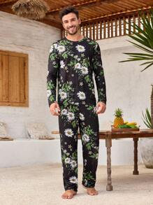 Manfinity ChillVibe 2pcs Men Floral Print Crew Neck Long Sleeve Top And Pants Pajama Set - Black - View 3