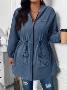 SHEIN LUNE Abrigo con capucha de unicolor y cordón en la cintura, ropa de mujer de otoño, Año Nuevo, invierno y fiestas para mujer de talla grande - Neblina azul - Ver 3